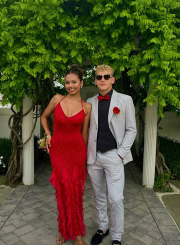 Red Exquisite Beaded Ruffle Flowy Chiffon Formal Party Dress Prom Dress Date Dress HZ1023